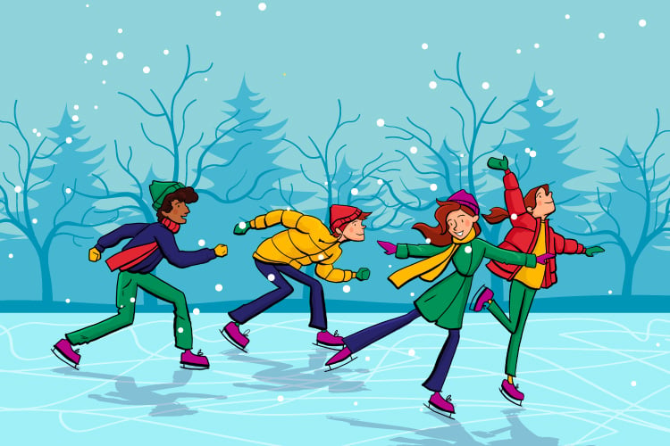 Illustration of a group of young people skating joyfully on an icy lake.