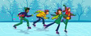 Illustration of a group of young people skating joyfully on an icy lake.