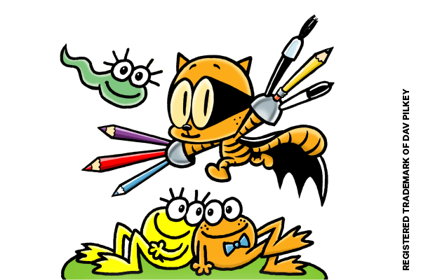 Cat Kid leaps into the air wielding pencils and pens, with Molly Pollywog wriggling happily nearby, and two content, colorful frogs sitting on a lily pad beneath them - Registered Trademark of Dav Pilkey