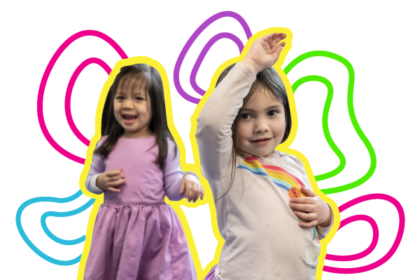 Two children playing, with colorful squirls surrounding them.