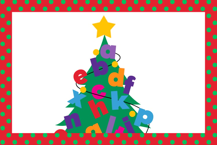 Illustration of a Christmas tree with letters of the alphabet hanging from it like ornaments.