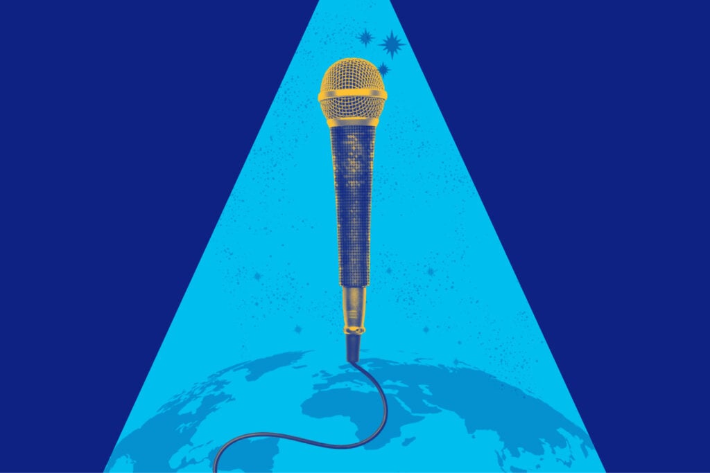 Blue photo collage of a microphone floating above the Earth, surrounded by sparkles. A spotlight shines on the scene from above.