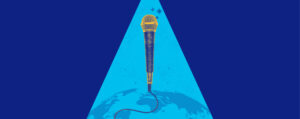 Blue photo collage of a microphone floating above the Earth, surrounded by sparkles. A spotlight shines on the scene from above.