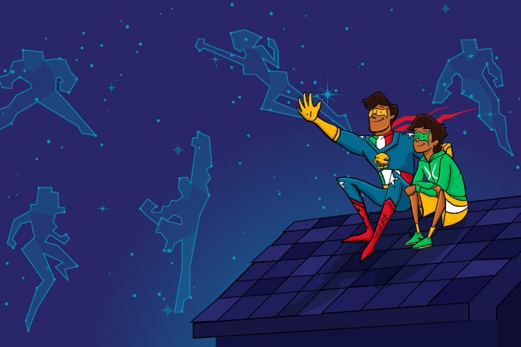 Illustration of a young boy and his uncle in superhero costumes sitting on a roof at night. The uncle is pointing to the night sky while the outlines of several constellations are shaped like human fighters.