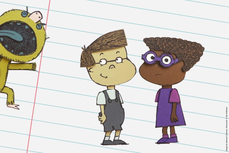 Illustration of a cartoonish green fuzzy monster making a scary face toward two children. One child appears amused, the other confused.