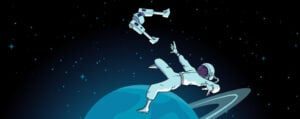 Illustration of an astronaut floating in space above a planet's surface. Near the astronaut is a pair of robotic legs.
