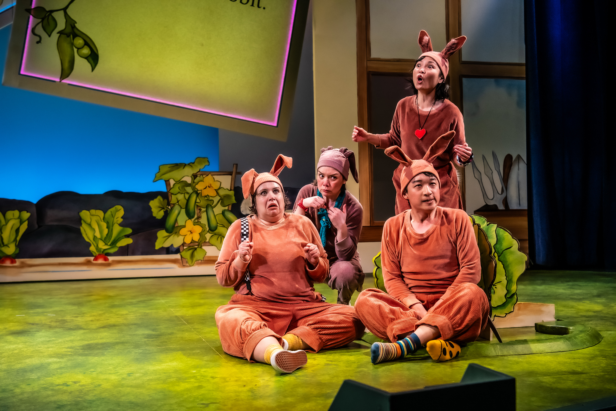 Pilar O'Connell, Sunam Ellis, Khanh Doan, and Koo Park in <em>A Tale of Peter Rabbit</em> at SCT. Photo by Truman Buffett.