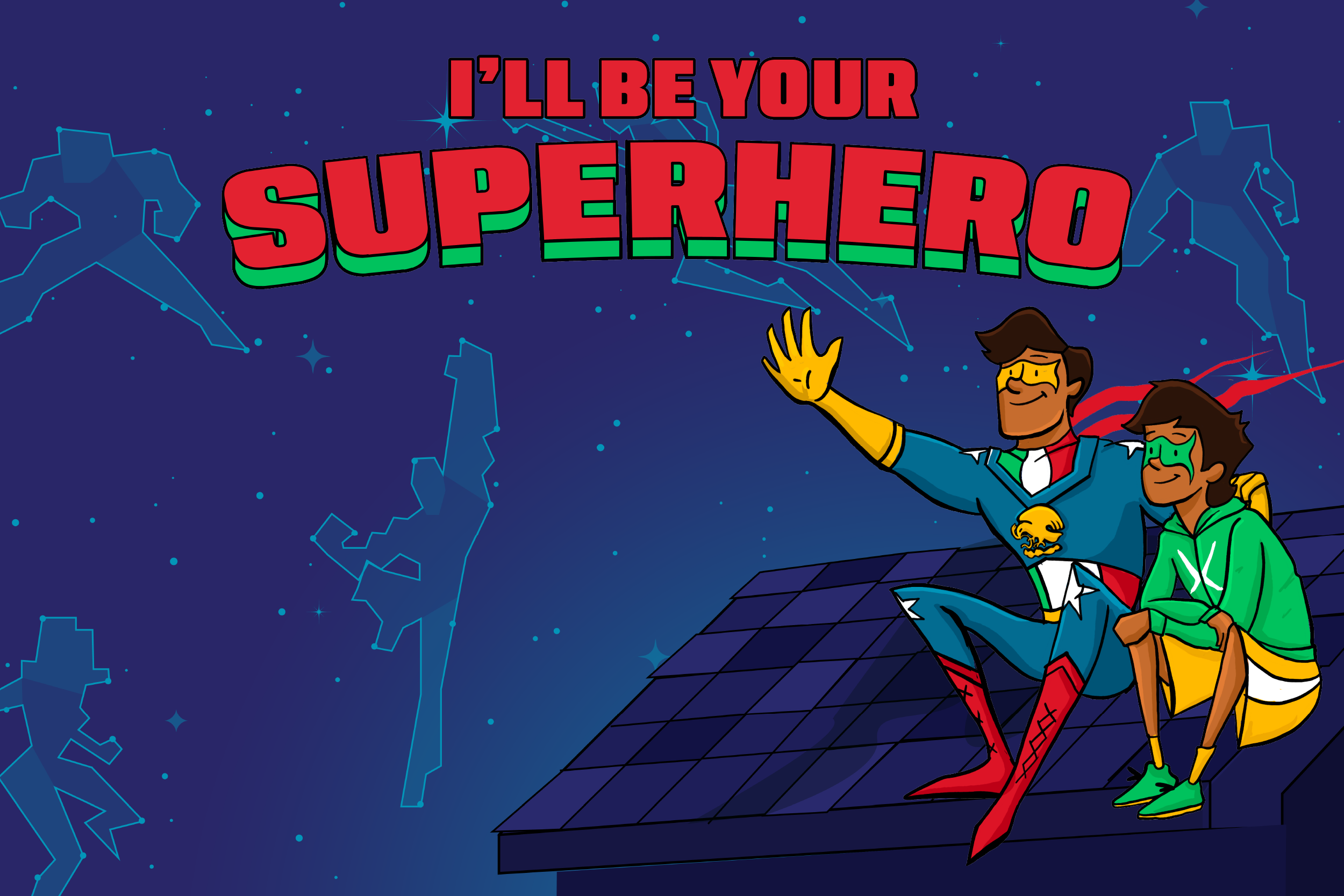 Illustration of a young boy and his uncle in superhero costumes sitting on a roof at night. The uncle is pointing to the night sky while the outlines of several constellations are shaped like human fighters.