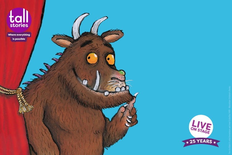 Illustration of a brown monster with yellow eyes and horns walking out from behind a red curtain.