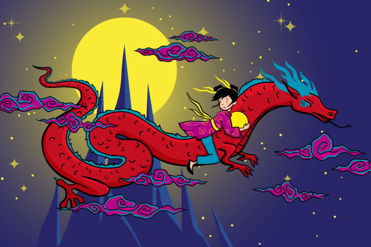 Illustration of a young girl riding a red dragon. The dragon is flying through the night sky over a jagged mountain in front of the moon.