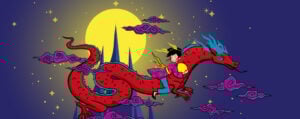 Illustration of a young girl riding a red dragon. The dragon is flying through the night sky over a jagged mountain in front of the moon.