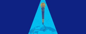 Blue photo collage of a microphone floating above the Earth, surrounded by sparkles. A spotlight shines on the scene from above.