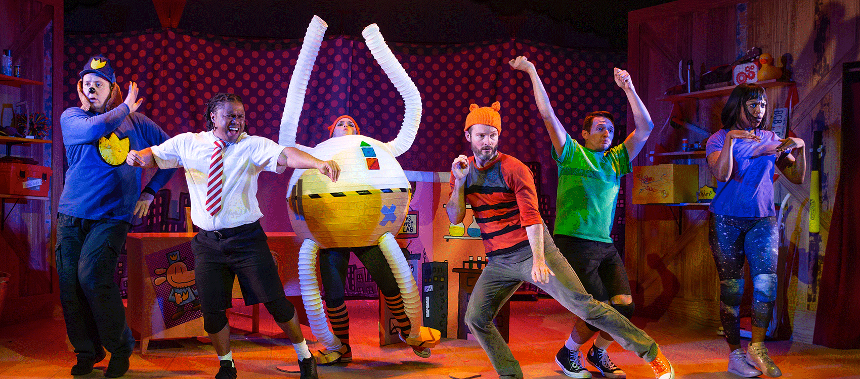 TheaterWorksUSA Dog Man: The Musical. Photo by Jeremy Daniel. L-R Brian Owen, Forest VanDyke, L.R. Davidson, Jamie LaVerdiere, Dan Rosales, Crystal Sha'nae, 2019.