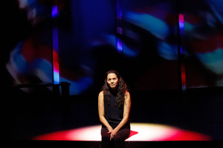 Larissa FastHorse in Fancy Dancer (2025) at Seattle Rep. Lighting Design by Geoff Korf. Photo by Sayed Alamy.