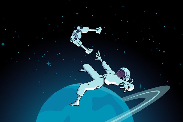 Illustration of an astronaut floating in space above a planet's surface. Near the astronaut is a pair of robotic legs.